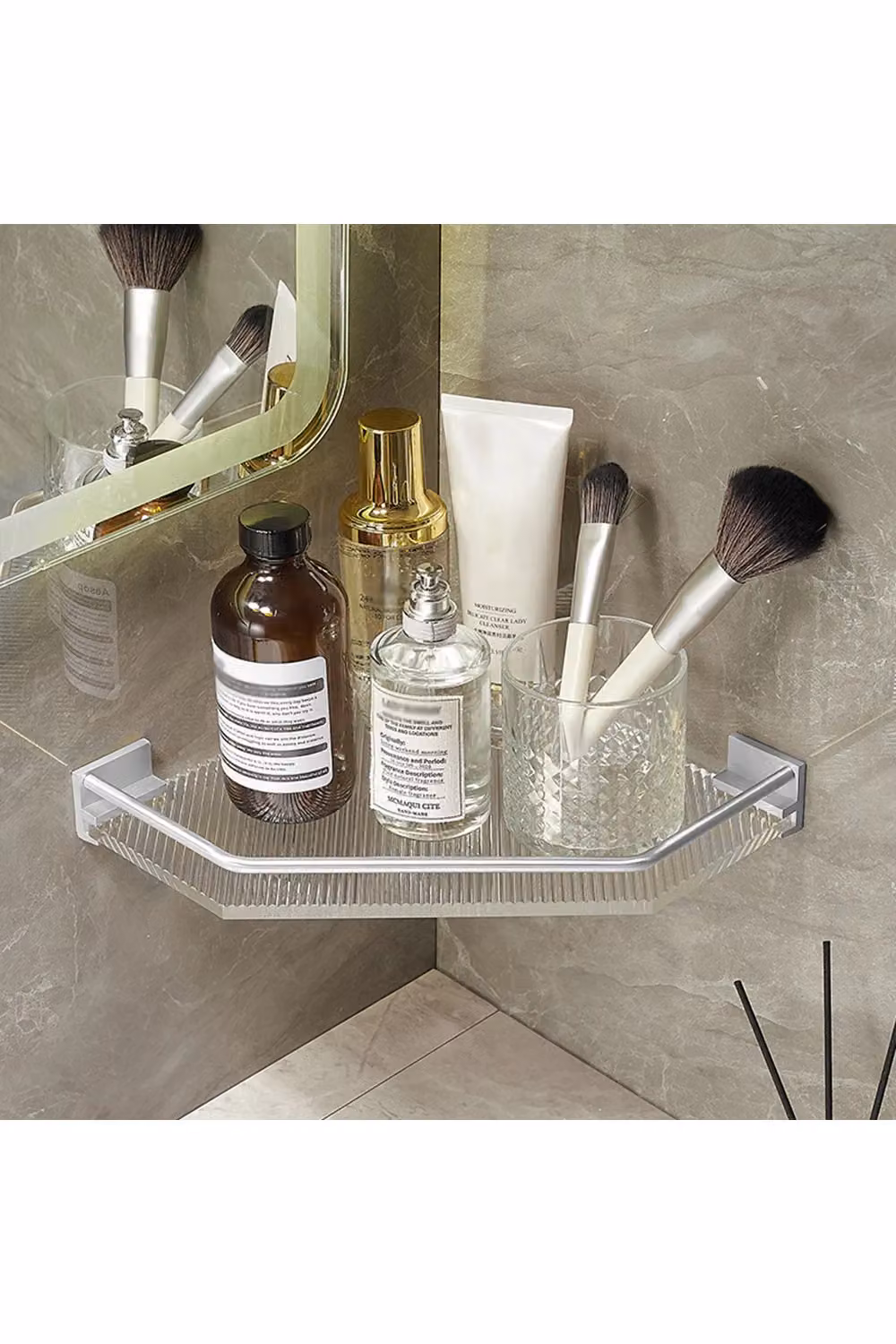 Living and Home Acrylic Corner Shower Caddy, Adhesive Wall Mounted Bathroom Shelf Organizer in Silver and Transparent – 3