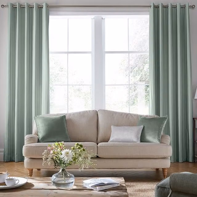 Laura Ashley Burnsall Smoke Green Striped Blackout Eyelet Curtains