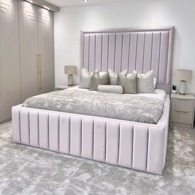 Living Comfort Bedz Hampton Upholstered Slatted Base Bed with 54-Inch Panel Headboard in Silver, W/D/H: 140 x 200 cm