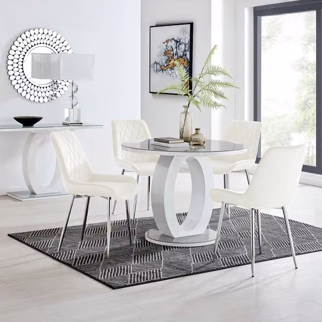 FurnitureboxUK Giovani Round Grey Glass Dining Table with 4 Pesaro Cream Chairs and Silver Legs