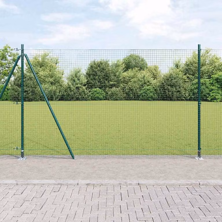 Berkfield Home Green Steel Welded Wire Fence with 7 Flanged Posts, H 1.4 m x W 10 m