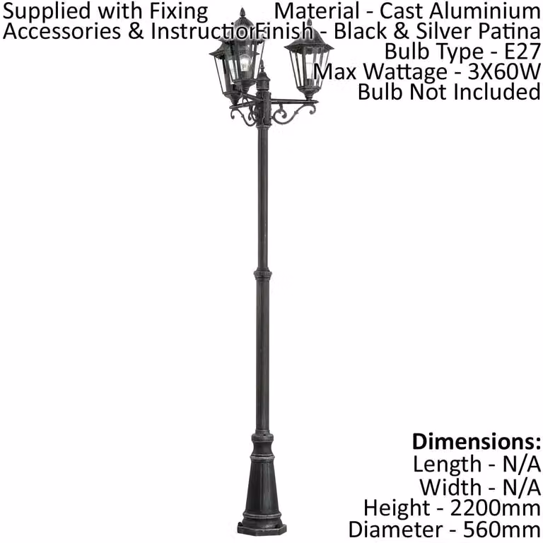 Loops IP44 Outdoor Aluminium Bollard Light in Black and Silver Patina for Garden use, 3 x E27 Bulb