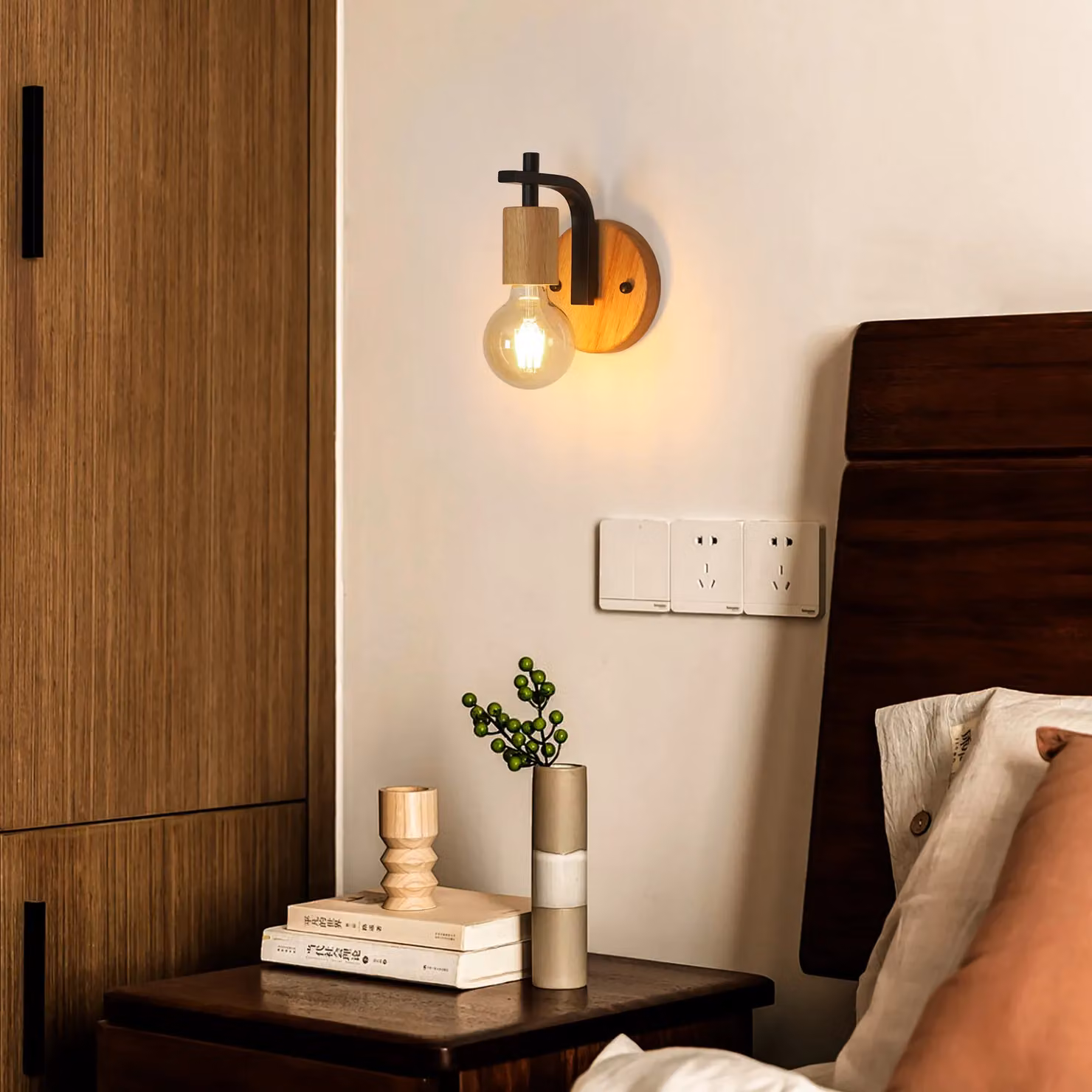 Pheashine Vintage Industrial Metal and Wood Wall Sconces, 2 Pack, Brown, E27 – 5