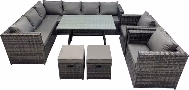 Fimous 10-Seater PE Rattan Outdoor Sofa and Dining Set in Dark Grey Mixed