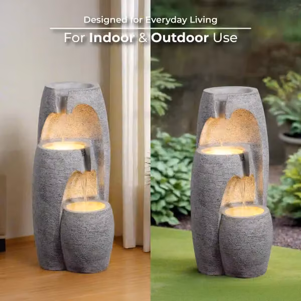 Teamson Home Garden Modern 3-Tier Cascading Urn Outdoor Water Feature with LED Lights, Grey – 5