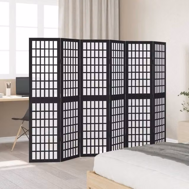 Berkfield Home 6 Panel Room Divider in Black Solid Paulownia Wood, H 215 cm x W 160 cm x D 6 cm