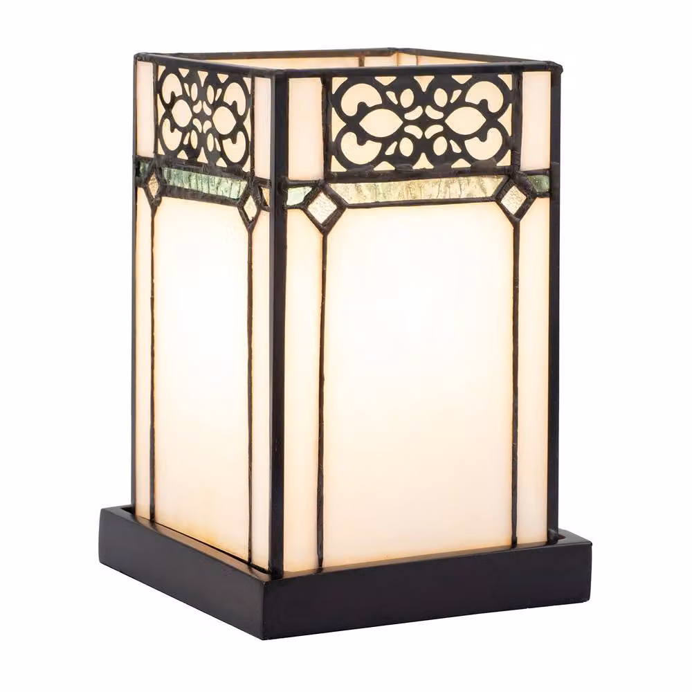 Happy Homewares 1920s Vintage Rectangular Tiffany Glass Table Lamp in Green and White – 2