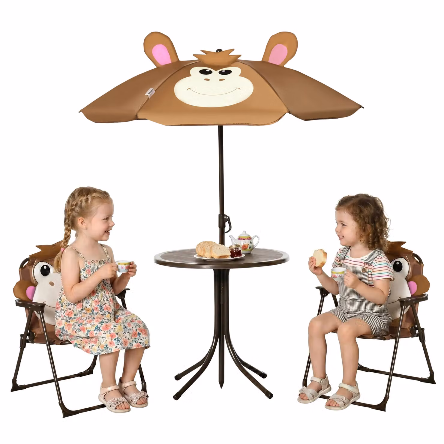 OUTSUNNY Kids Foldable Four-Piece Garden Set with Round Table, Chairs and Adjustable Umbrella in Brown – 2