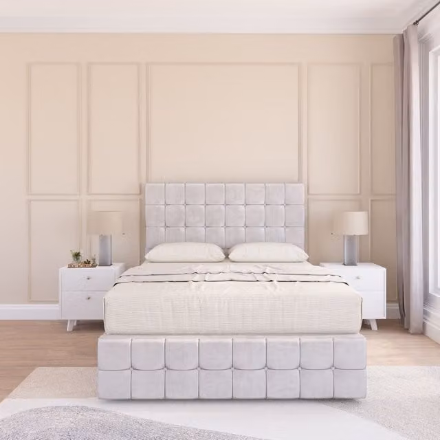 Sloomy Berlin Double Divan Bed Set with Matching Footboard in Silver Plush Velvet, W/D/H: 140 x 200 cm