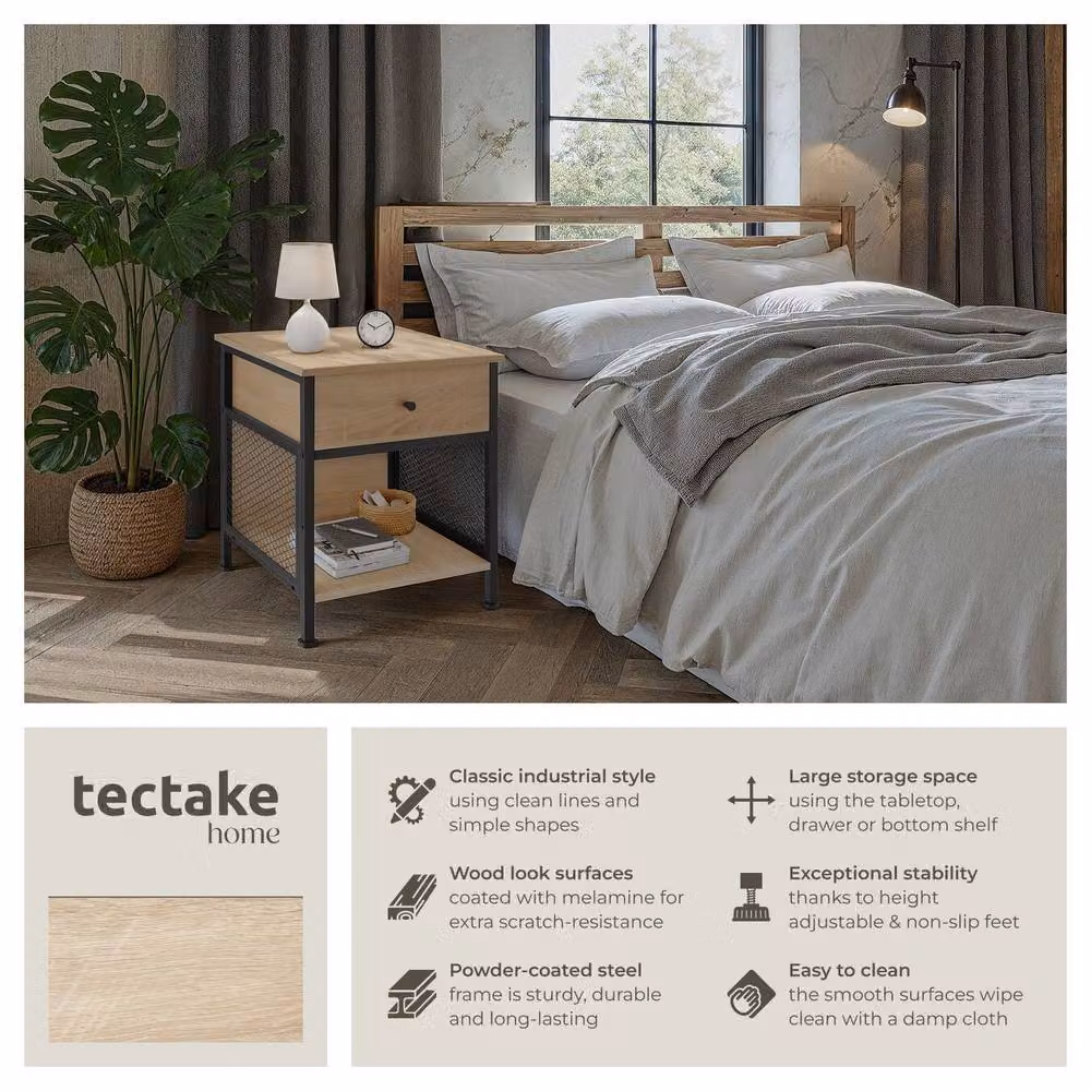 tectake Killarney Bedside Table with Shelf, Drawer and Open Storage in Light Oak – 2