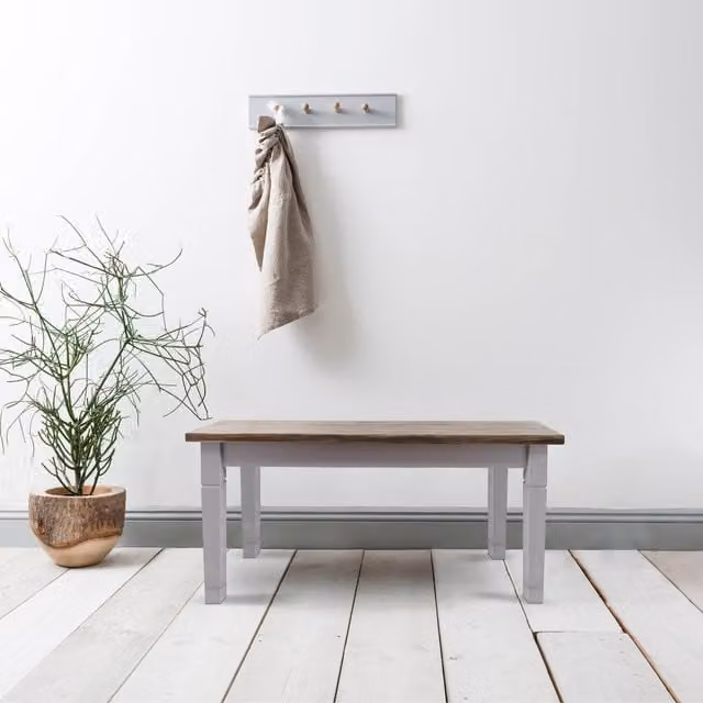 Noa and Nani Canterbury Rustic Pine Hallway and Dining Bench in White and Grey