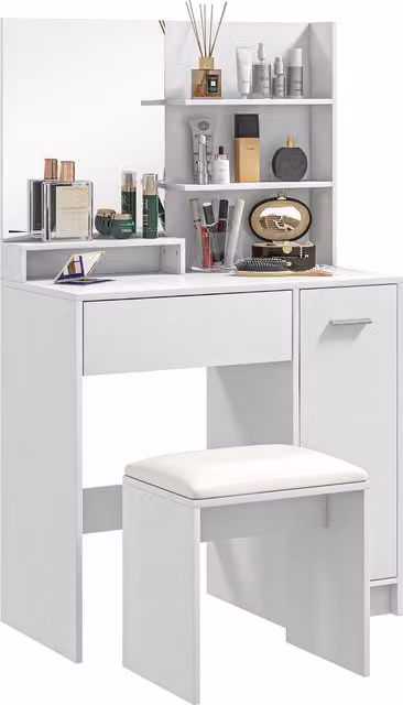 HOMCOM Modern White Dressing Table with Mirror, Stool, Drawer and Storage Cabinet – 1