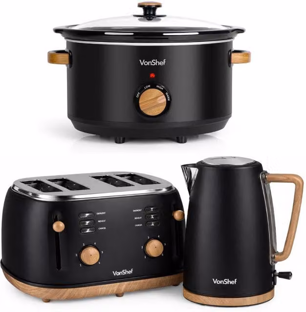 VonShef Fika 3.5L Slow Cooker, Kettle and Toaster Set in Black