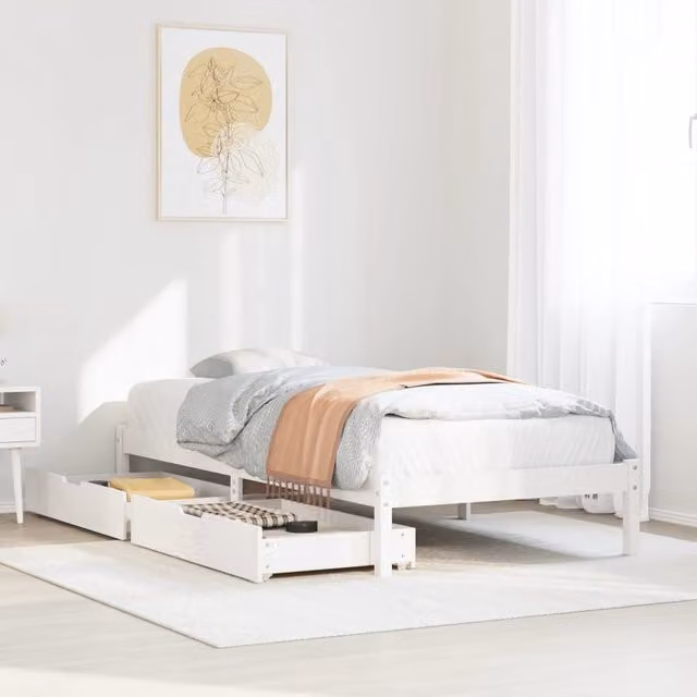 Berkfield Home White Solid Pine Bed Frame with Drawers W/D/H: 100 x 200 cm