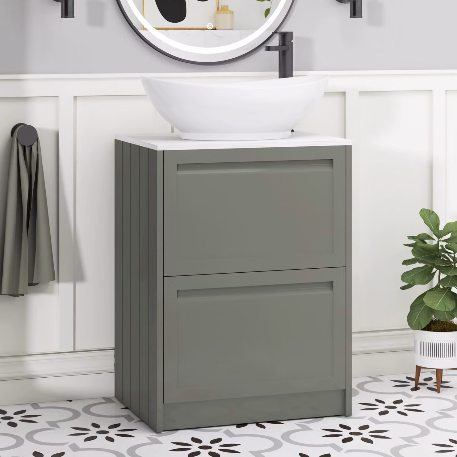 Royal Bathrooms Elmore Matt Green Floor Standing Countertop Vanity Unit with Amaze Basin and 2 Drawers, Width: 60 cm
