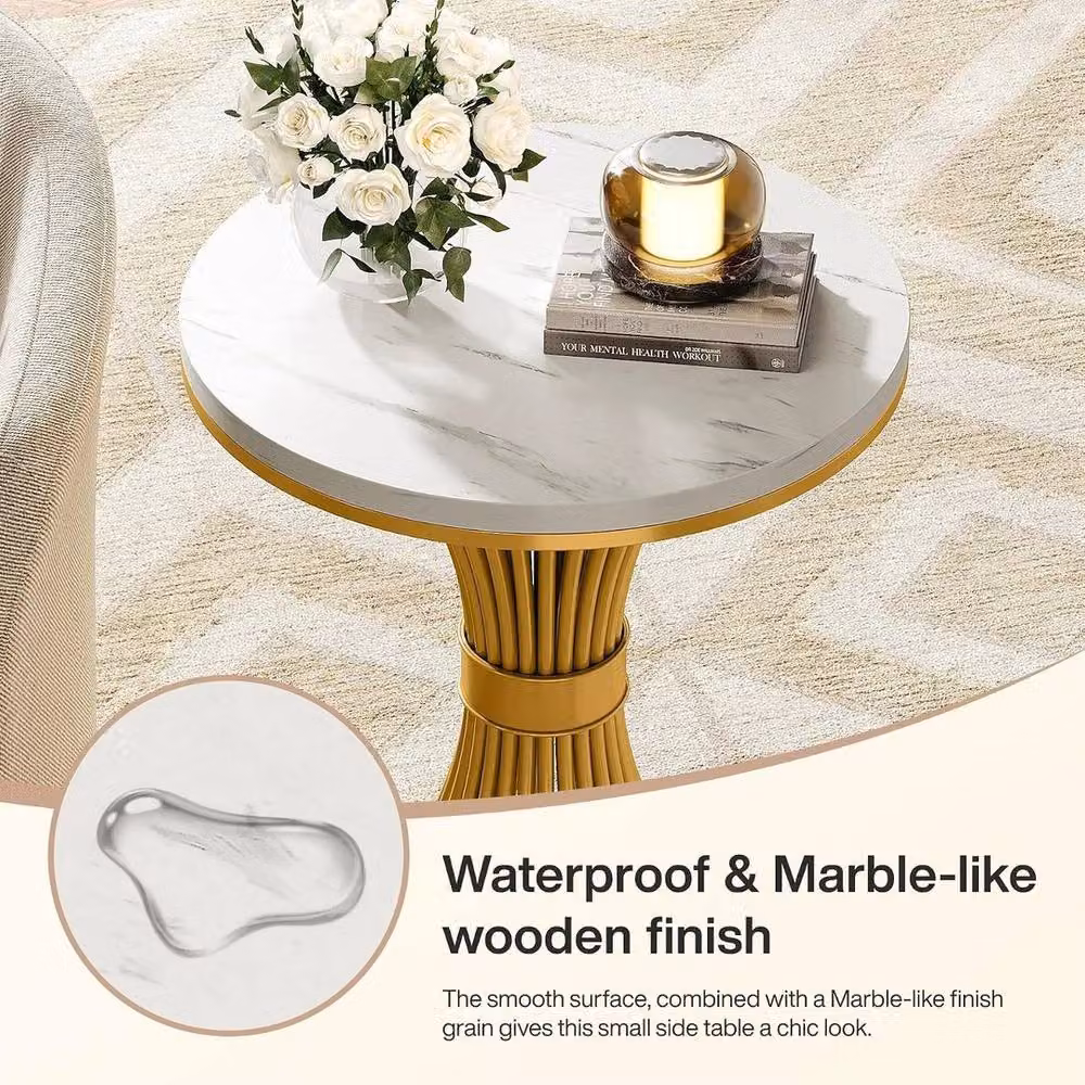 VOGREX Modern Round Faux Marble Side Table with Gold Metal Base in White, W/D/H: 50 x 50 x 60 cm – 4