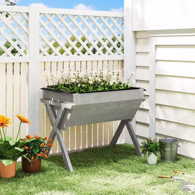 OUTSUNNY Wooden Raised Bed Planter Stand for Vegetables and Flowers, Grey