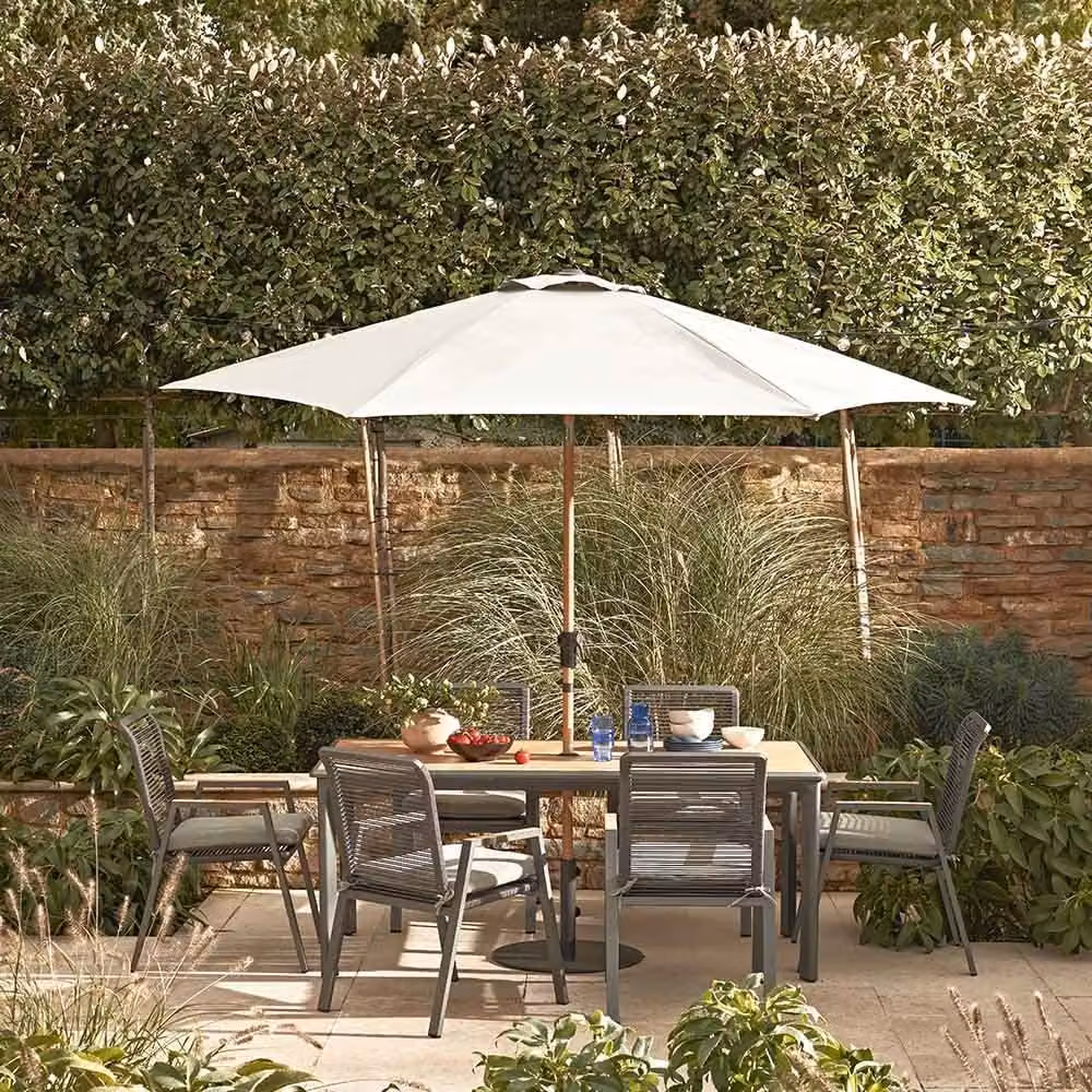 Leisure Grow Savannah Rope 6 Seat Dining Set with Parasol in Oak and Grey