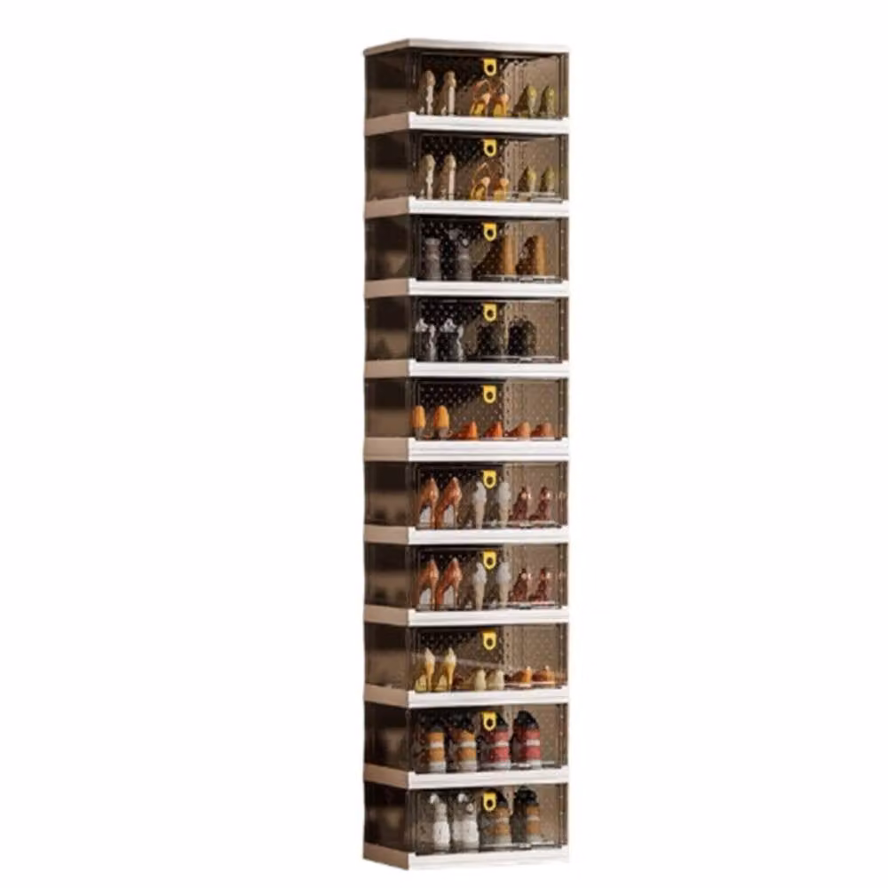 London Boutique 10-Tier Foldable Clear Shoe Storage Cabinet with Glass Doors and Transparent Plastic Shelves – 2