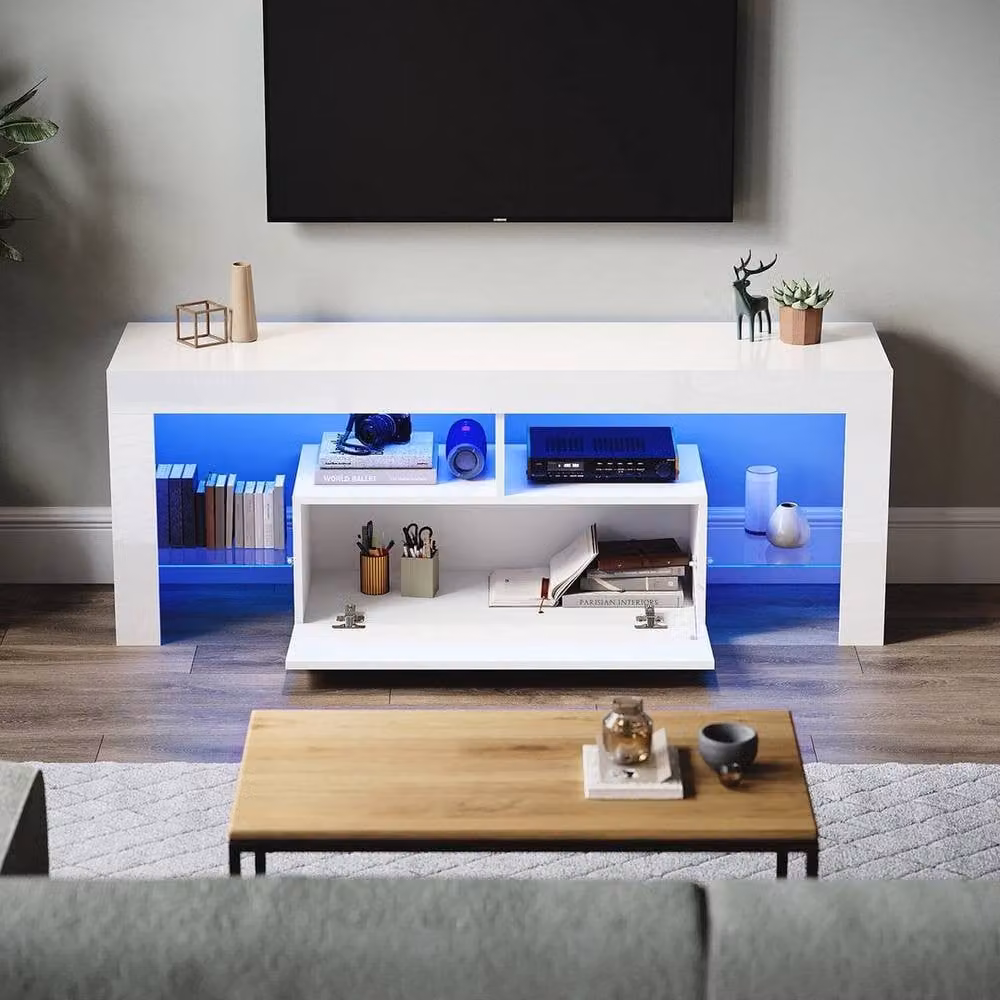FORGEVIO Modern High Gloss LED TV Stand Cabinet in White, W: 140 cm, H: 52 cm, D: 35 cm – 3