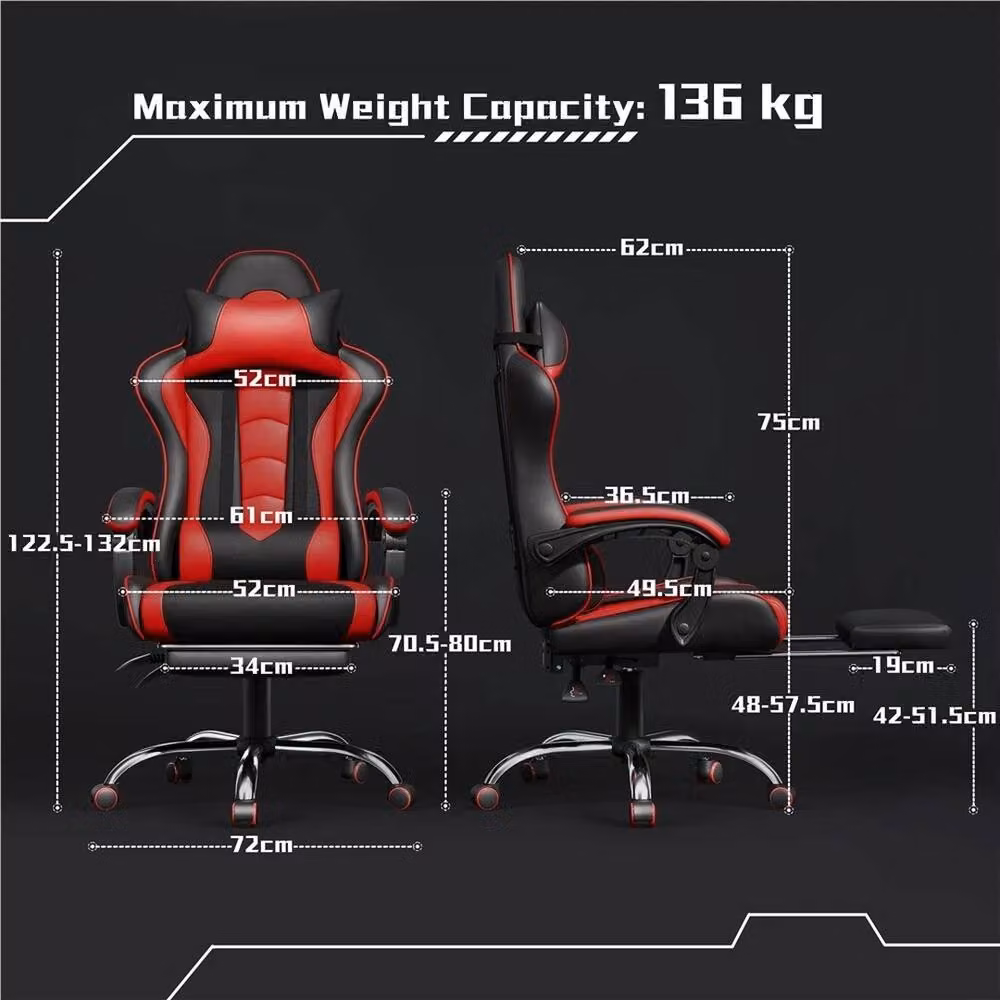 VOGREX Black and Red Synthetic Leather Gaming Chair with Lumbar Support, Headrest and Armrests – 2