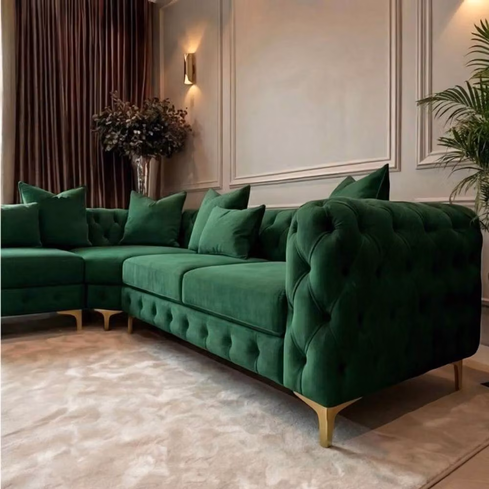 Sofaya Monaco 5 Seater Chesterfield Corner Sofa in Green Velvet, Left Facing L-Shape with Chaise, W: 220 cm, D: 70 cm – 3
