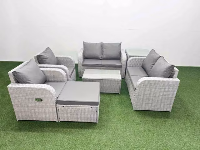 Fimous 7 Seater Rattan Garden Furniture Set in Light Grey with Reclining L-Shape Sofa, Coffee Table and Ottoman