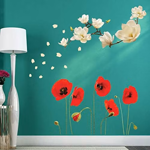 Walplus Removable Self-Adhesive Wall Stickers with White Magnolia and Red Poppy Flowers Floral Wall Mural Art for Home, Living Room, Nursery or Cafe Decoration