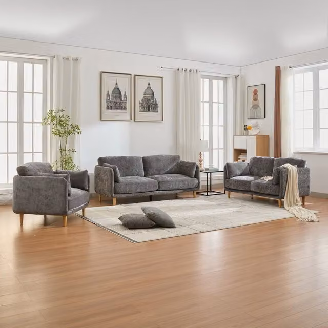 FURNITURE ONE Grey Velvet Upholstered Modular Sofa Set with 2-Seater and 3-Seater Pieces