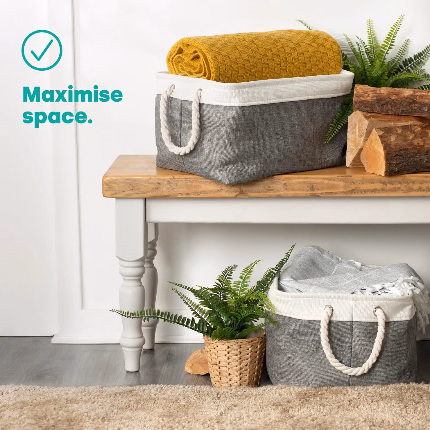 LIVIVO Set of 2 Grey Fabric Storage Baskets with Cotton Rope Handles, 32L Capacity – 3