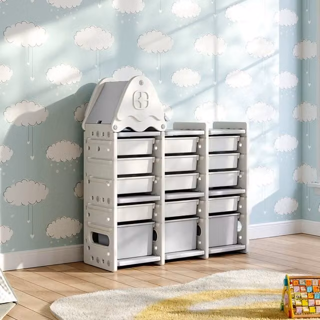 Komore 5-Tier Plastic Toy Storage Organizer with 15 Pull-Out Bins in Grey and White