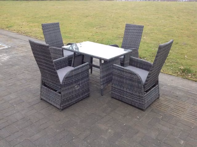 Fimous Rattan Garden Dining Set with Oblong Glass Top Table and 4 Adjustable Reclining Chairs in Grey