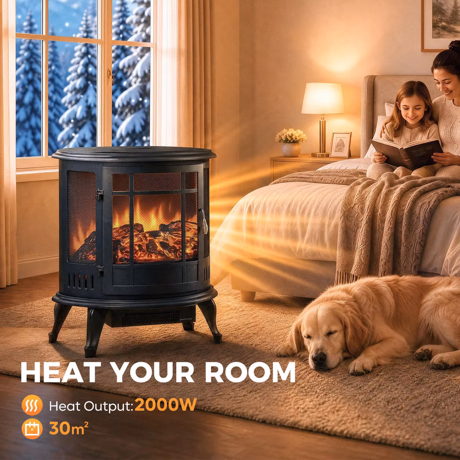 HOMCOM 2000W Electric Fireplace Stove with Realistic LED Flame in Black Metal – 6