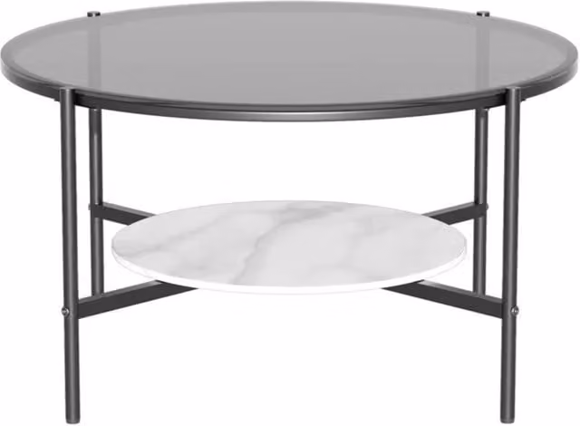 Pirlo Plush 2 Tier Round Faux Marble and Glass Coffee Table in Black, Brown or Blue