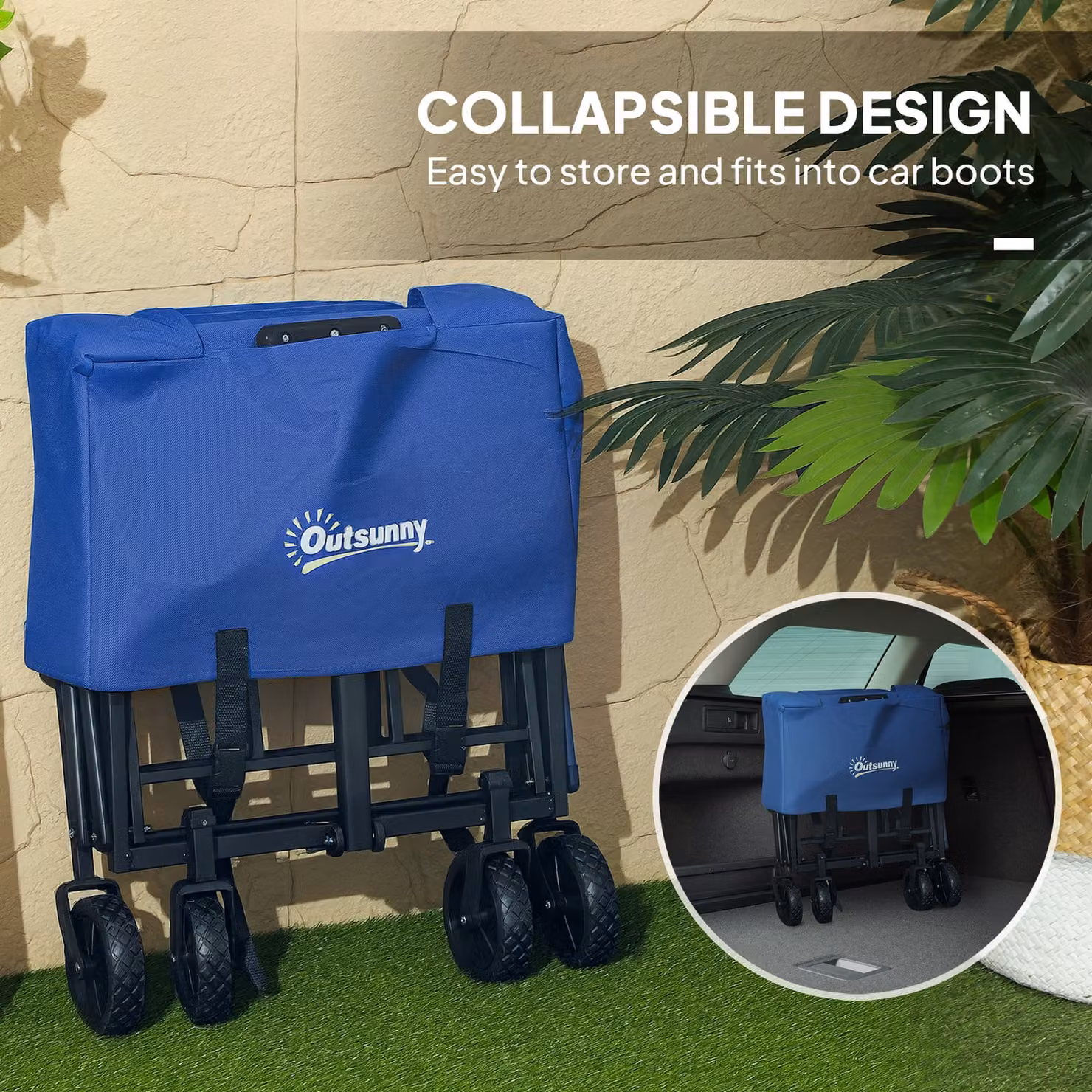 Outsunny 62L Festival Trolley on Wheels, Heavy Duty Collapsible Garden Folding Wagon with Adjustable Handle and Carrying Bag, Blue – 5