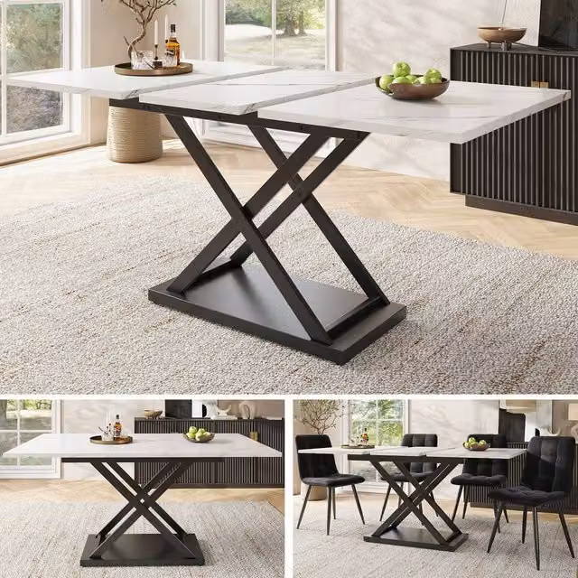 Rolipo White Marble Extendable Rectangular Dining Table with Black Metal X-Frame Legs, W: 120 cm, D: 120 cm, H: 75 cm (Extends to 160 cm)