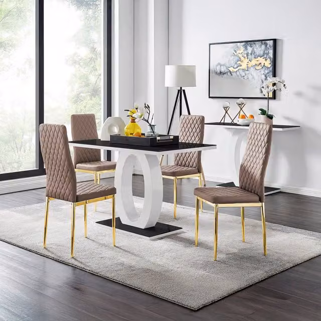 FurnitureboxUK Giovani Black Rectangular Glass Dining Table with Four Milan Gold Leg Faux Leather Chairs in Grey