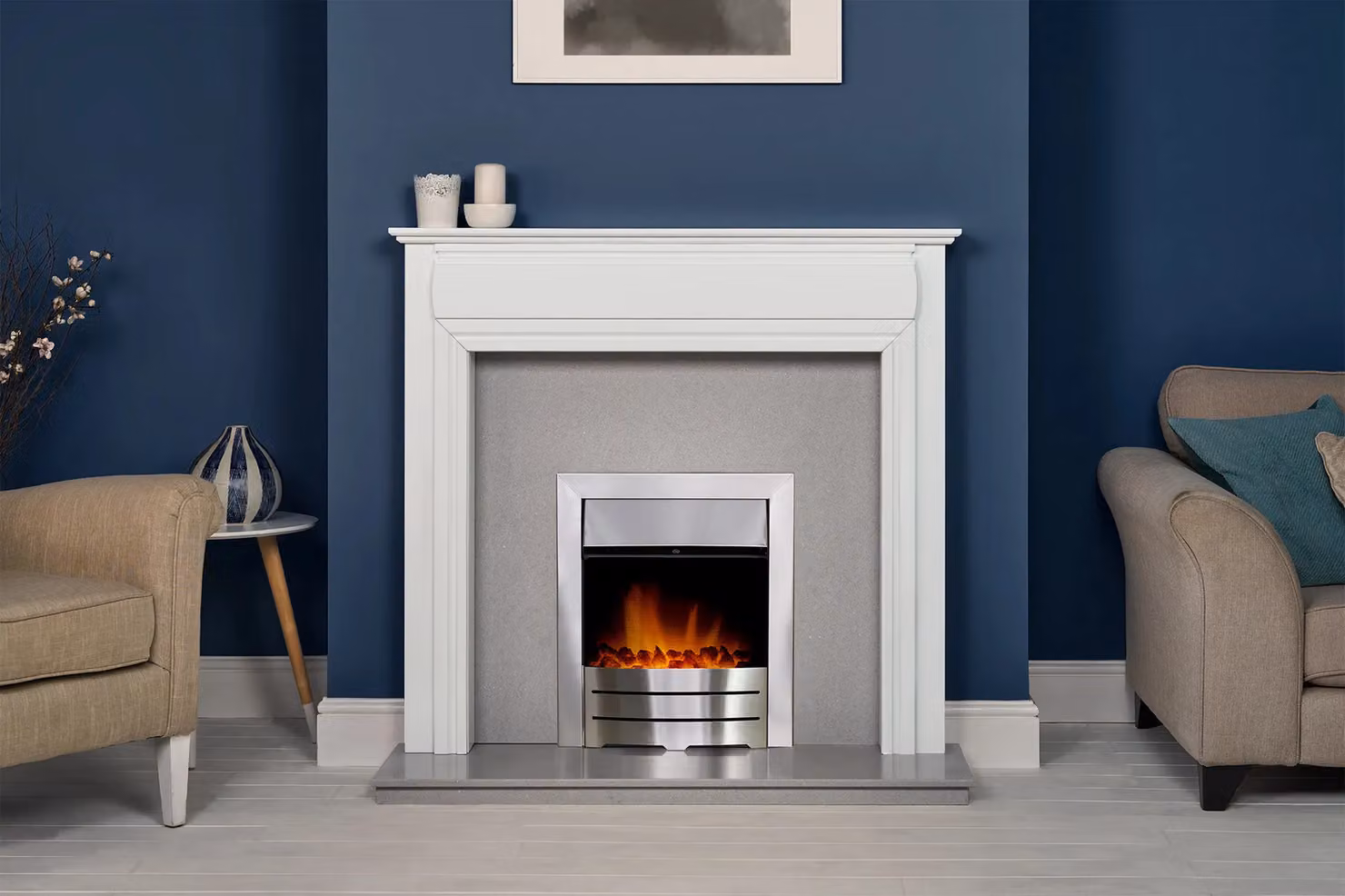 Adam Fires & Fireplaces Honley Fireplace in White and Grey with Downlights and Colorado Electric Fire in Brushed Steel, 121.92 cm – 3