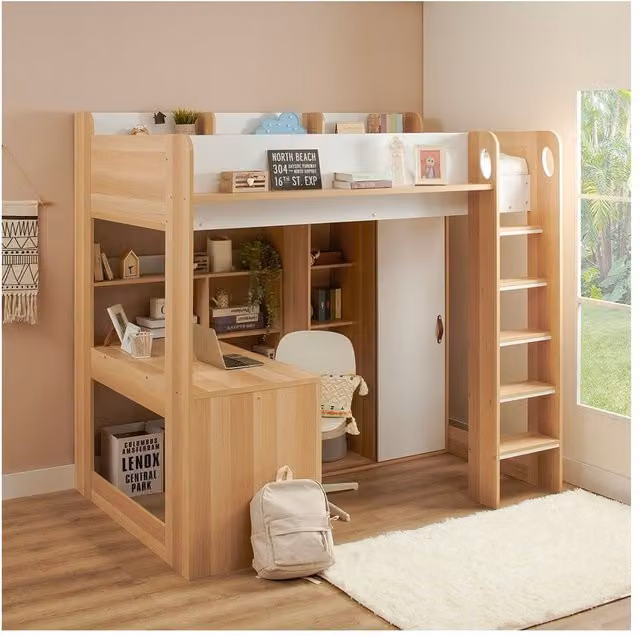 Flair Ava High Sleeper Bed with Desk, Wardrobe and Storage in Brown