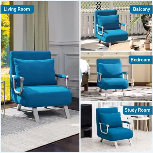 HOMCOM Blue Microfibre Click Clack Convertible Single Chair Bed with Metal Frame and Armrests – 8