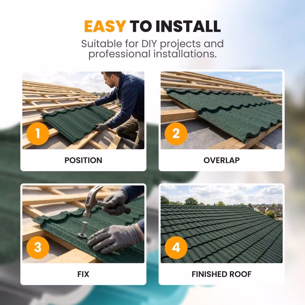 Novecrafto Stone Coated Galvanised Metal Roof Shingles, Green, 15 Covers, 7.11m² – 6