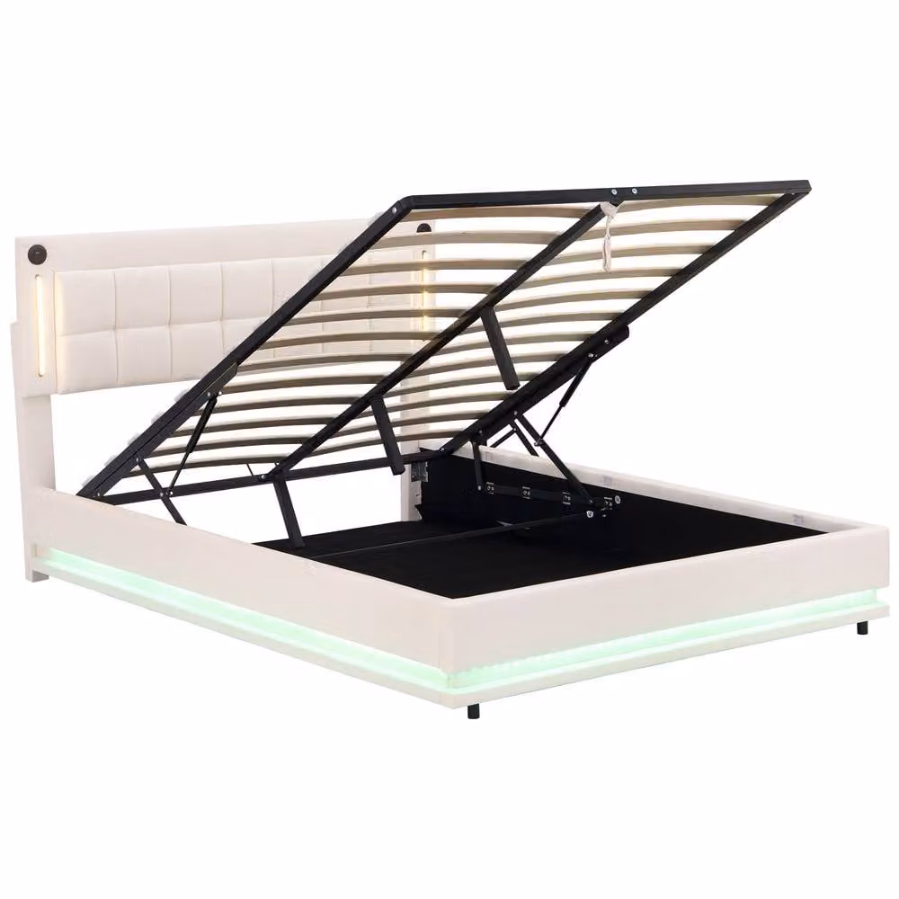 BTM Beige 4ft6 Double Hydraulic Bed with Tufted Headboard, LED Under-Bed Lighting and USB Charging Port, W/D/H: 140 x 190 x 136 cm – 6