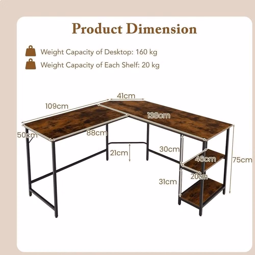 FORGEVIO L-Shaped Corner Computer Gaming Desk in Brown – 2