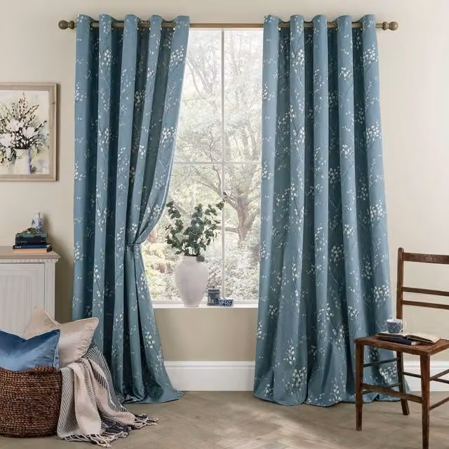 Laura Ashley Pussy Willow Floral Eyelet Curtains in Dark Seaspray