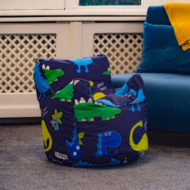 Ready Steady Bed Kids Dino Printed Bean Bag Armchair in Dark Blue and Multicolour