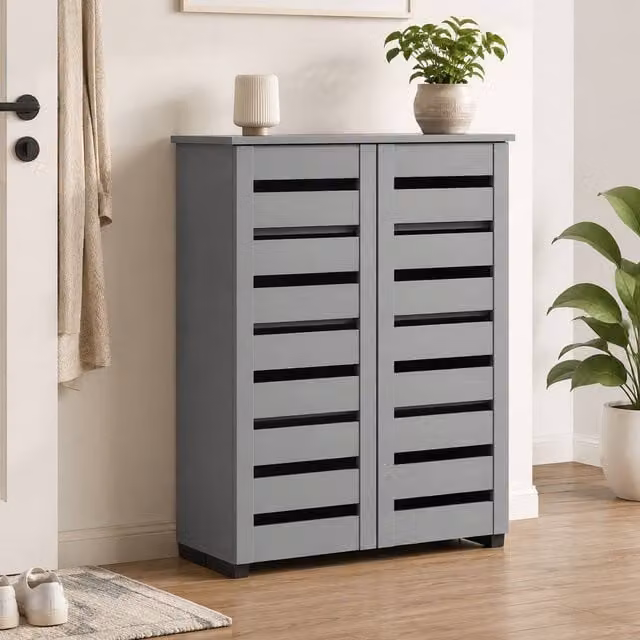STILVORA Modern Grey Shoe Cabinet with Hinged Doors and Internal Shelves – 1