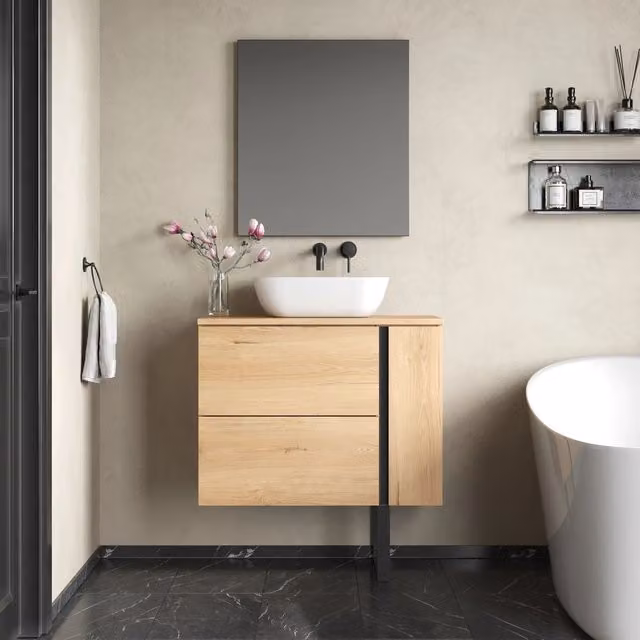 Banyetti Evora 800mm Wall Hung Vanity with Matching Worktop, Natural Oak in Light Brown