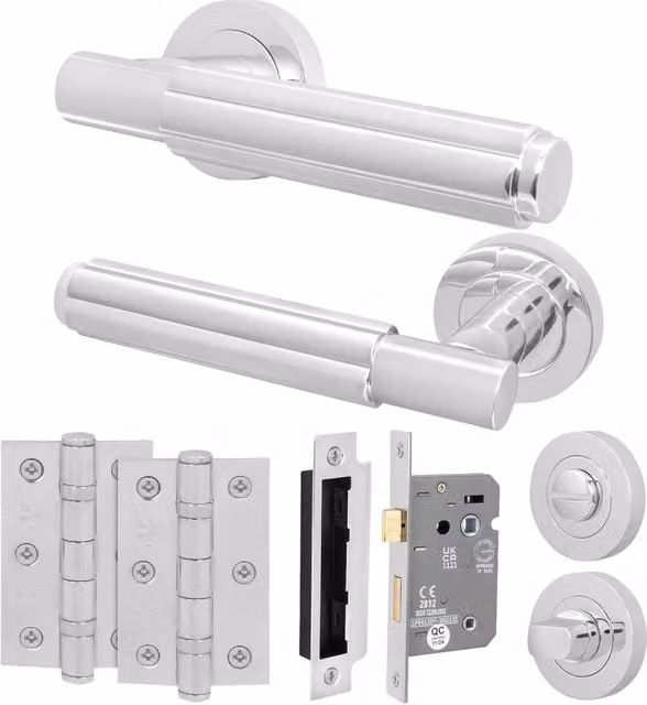 AFIT Polished Chrome Bathroom Door Handle Set with Lock and Hinges in Silver