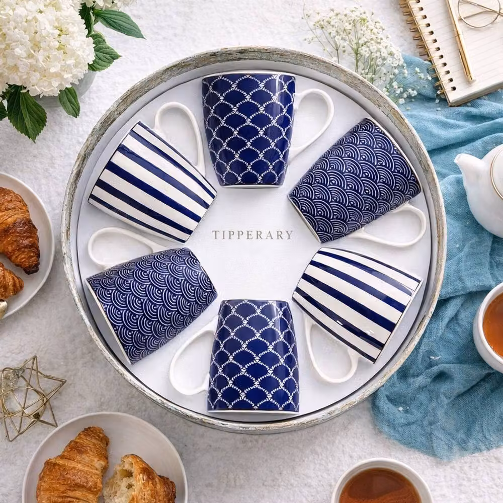Tipperary Bone China Mug Gift Set of 6 in Blue and White Patterns – 2