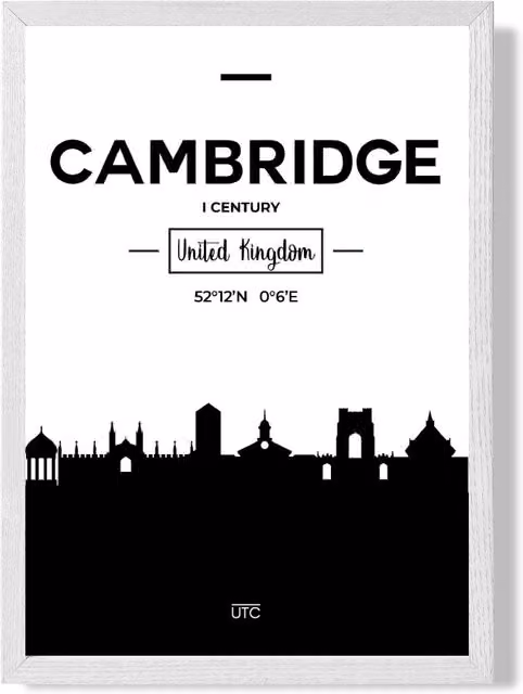 ARTZE Cambridge Black and White City Skyline Framed Photograph in White Frame, A4 – 1